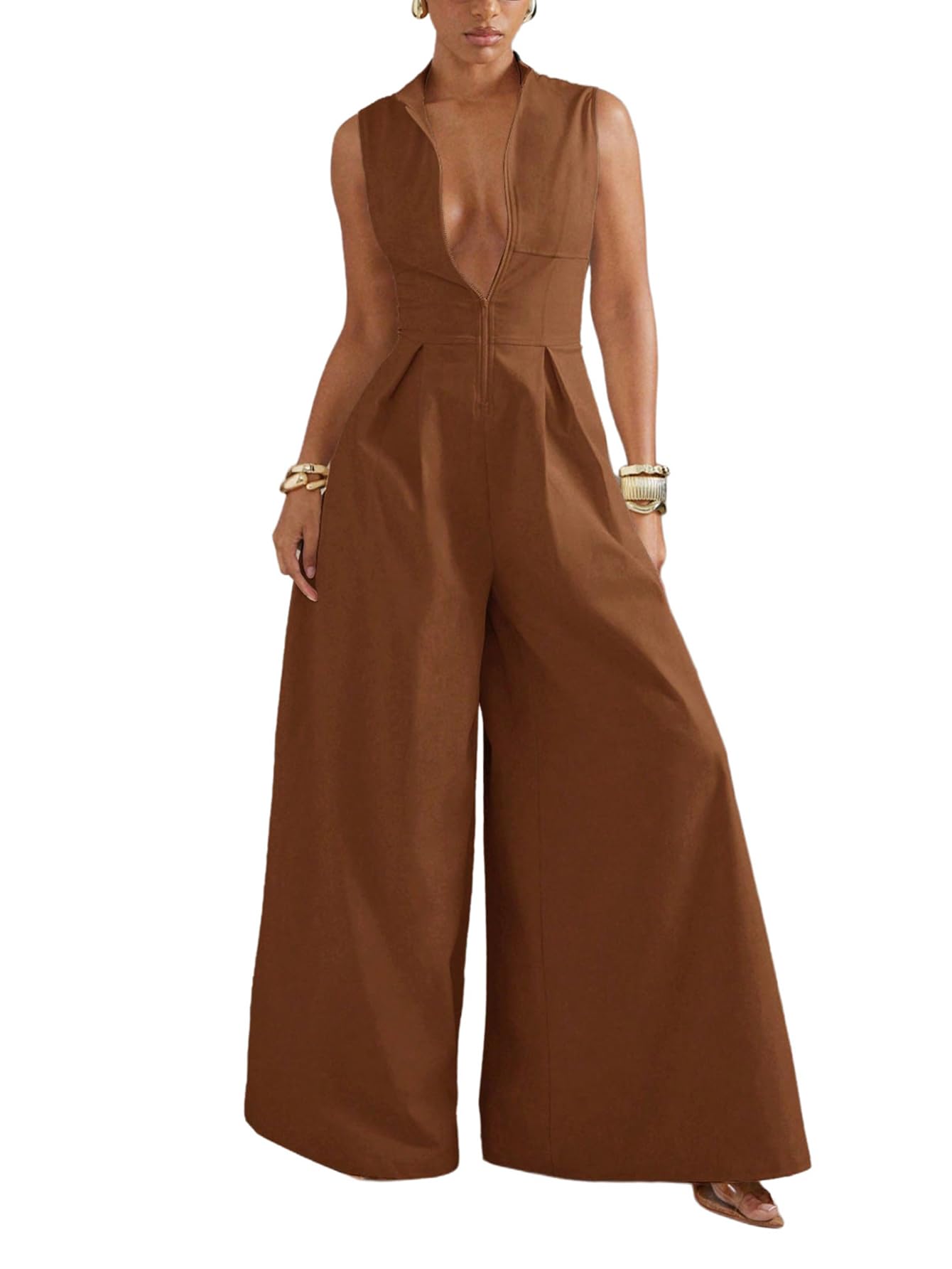 Verdusa Women's Zip Up Wide Leg Jumpsuit