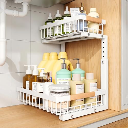 Image of PXRACK Under Sink Organizer, Adjustable Height, 2 Tier Pull Out Under Cabinet Organizer, Slide Out Thickened Metal Under Sink Storage for Kitchen Bathroom Laundry Pantry Cabinet, White, Small-1-Pack