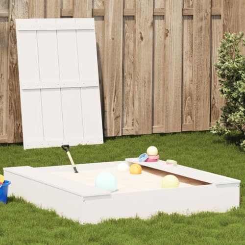 Teenpull Arenero con tapa y banco de madera de pino maciza, color blanco, 111 x 111 x 19,5 cm, para niños de 2 a 8 años, parque infantil para jardín, terraza, balcón, incluye cubierta para arena