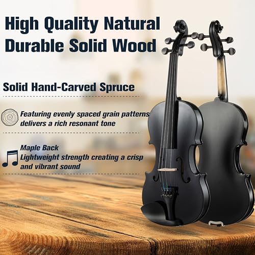 Image of Mendini By Cecilio Violin 4 /4 Full Size For Beginners - Fiddle Solidwood Kit with Hard Case - Acoustic Violins with Bow, Rosin, Tuner, Extra Strings & Bridge, Shoulder Rest and Lesson Book (Black)