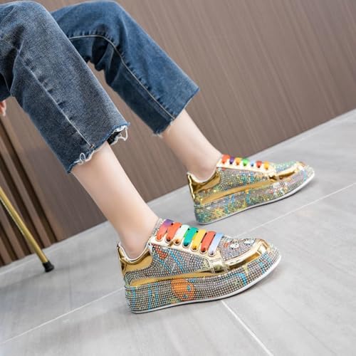 Y2K Sneakers for Women Dazzling Opulent Bling Sparkle Rhinestone Gold Metallic Platform Fashion Statement Party Festival Club Event Rainbow Laces Multi Color Embellished Comfortable Sneakers Women2