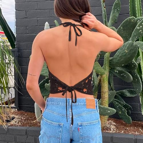 Floral Crochet Belly Band Knotted Vintage Knitted Undershirt for Women Girls Black2