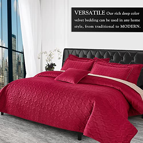 Querencia 4 Pieces Red Velvet Comforter Set Queen Quilt Bedspread - Oversized Bed Spread Coverlet, Modern Geometric Hotel Bedding, Embroidered (Burgundy Red, Full/Queen, 90X96 / 26X20 / 18X18) #TOP2