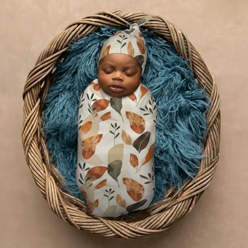 Image of Art Desert Leaf Newborn Swaddle Blankets Hat Sets Soft Baby Receiving Blanket Swaddle Sack for Baby Shower Infant Boy Girl Gift