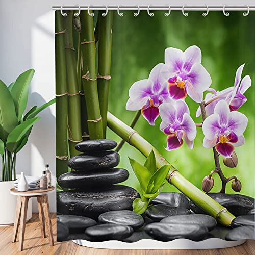 Hnmdmyi Rideau de Douche Zen Jardin 180x200, Spa Vert Bambou Noir Pierre Fleur Violette Rideau de Baignoire Japonais Méditation Relaxant Imperméable...