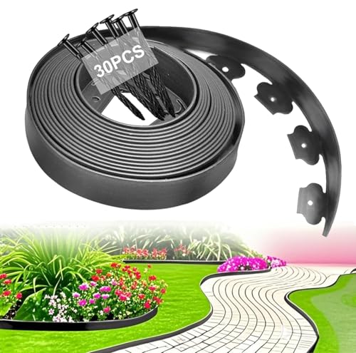 Flexible Rasenkante Kunststoff, Rasenpflaster Pflastersteine Rasengitter Beeteinfassung | Unsichtbare Rasenkantenband für Garten, Terrasse & Beete 10 m Länge × 5 cm Höhe Mit 30 Erdankern, Grau