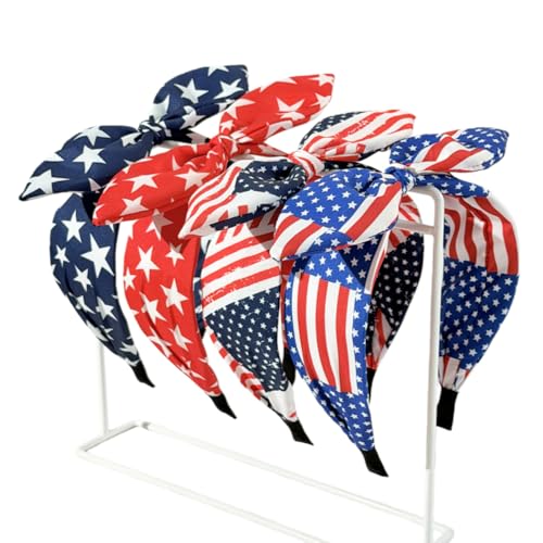 ELLOPH 4th of July Headbands for Women 4PCS Patriotic American Flag Bow Headband Set Independence Day Hair Accessories Red White Blue Knot Headbands for Girls Party Outfit