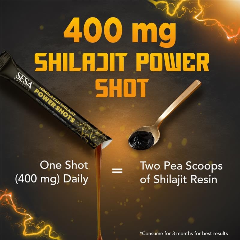 Image of Sesa Himalayan Shilajit Power Shots | 30 Sticks | 400mg Pure Shilajit with Organic Honey | Lab Certified, 70%+ Fulvic Acid | Boosts Energy, Stamina & Immunity | 100% Ayurvedic | No Sugar Adulteration & Additives