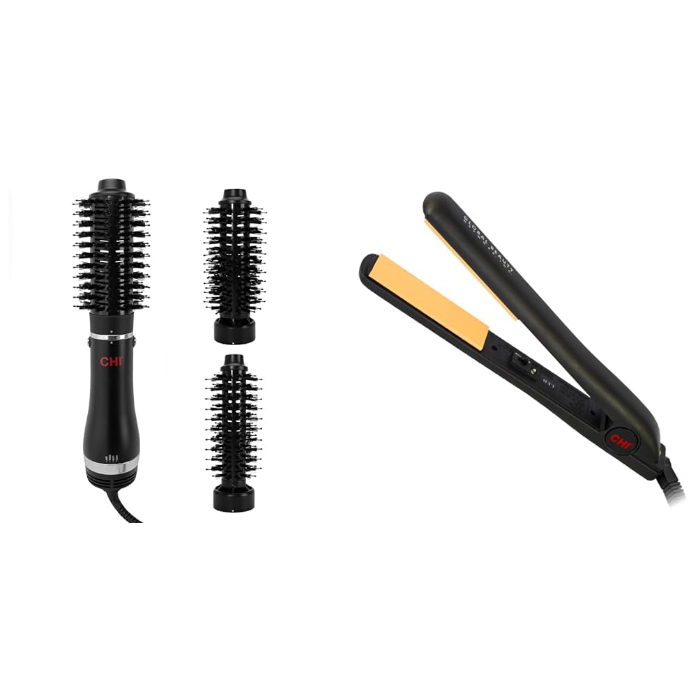 CHI 3-in-1 Heated Round Blowout Brush & Original Ceramic Hair Straightener Flat Iron | 1 Inch Ceramic Floating Plates | Quick Heat Up | Analog On/Off Switch | Black