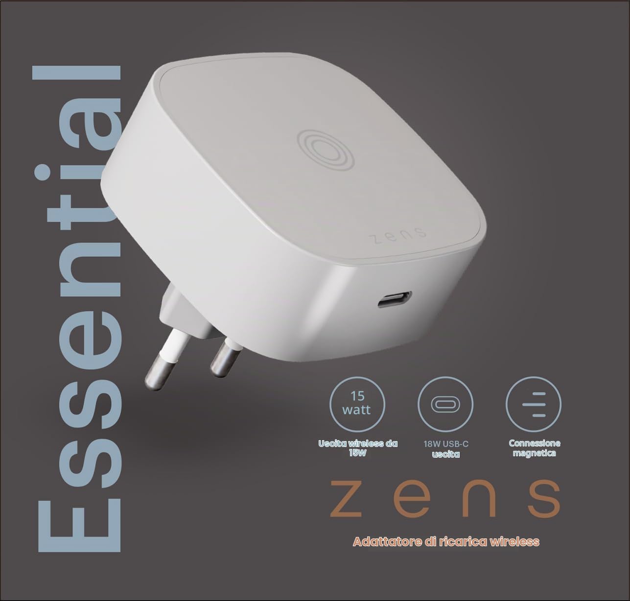 Zens Wireless Charging EU Power Adapter, Caricatore Wireless MagSafe e Qi da 15 W per iPhone Air/17/16/15/14/13/12 e AirPods, Porta USB-C da 18 W Inclusa, Bianca