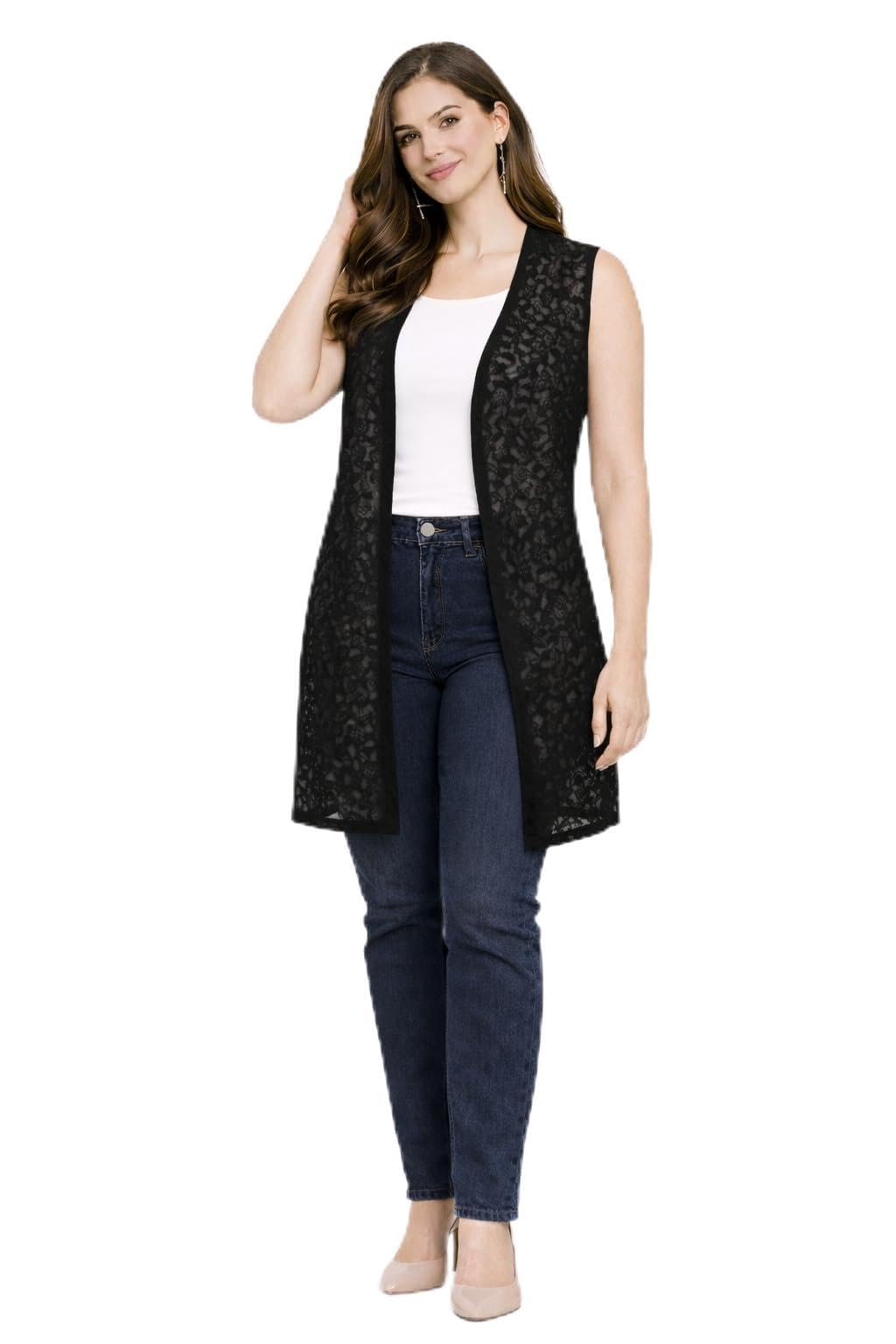 Women’s Black Lace Longline Shrug | Sleeveless Open-Front Sheer Overlay for Casual & Office Wear