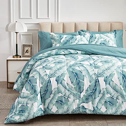 Aikasy Blue Green King Comforter Set With Sheets,Bed In A Bag 7-Pieces,Palm Tree Totem Printing Design,Ultra Soft Down Alternative All Season Bedding Set(King, Blue Green) #TOP11