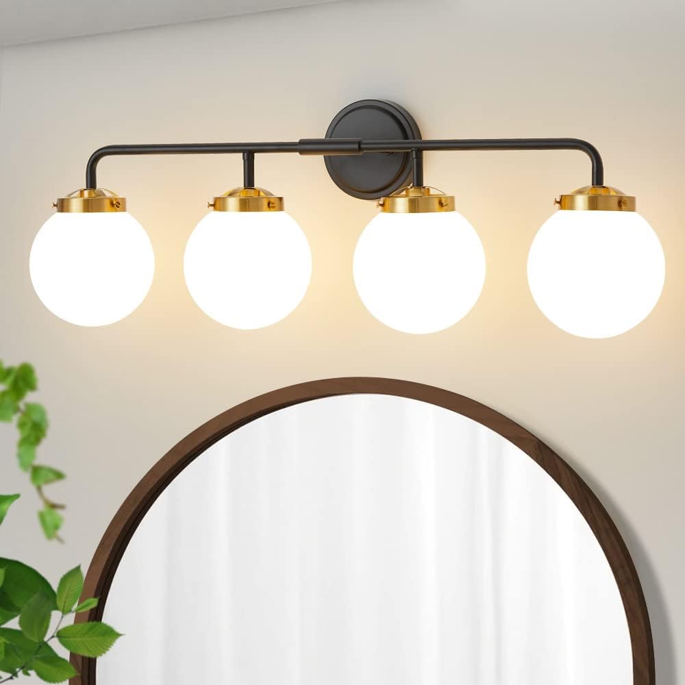 Black Gold Bathroom Light Fixtures Above Mirror, Modern Vanity Lighting with White Glass Globe Shade 4-Light Farmhouse Wall Sconce Black and Gold Milk white shade-4lights
