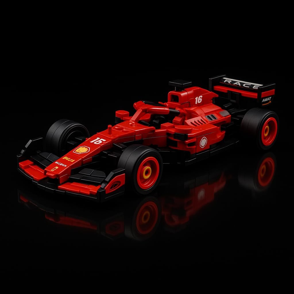 A fully assembled red F1 racing car model displayed on a black reflective surface.