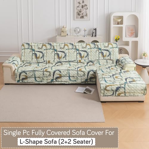 Image of HOKIPO 'Elira Series' Printed Quilted One-Piece L Shape 4 Seater (2+2) Sofa Cover Mat with Right Chaise | Anti-Slip Backing & SecureFit Belt, Parchement Beige Abstract Art (AR-6228-C6)