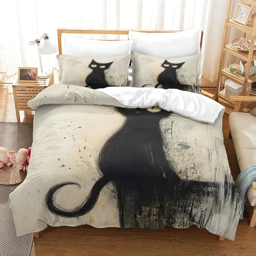 Parure de lit chat noir 140x200 avec housse de couette en microfibre