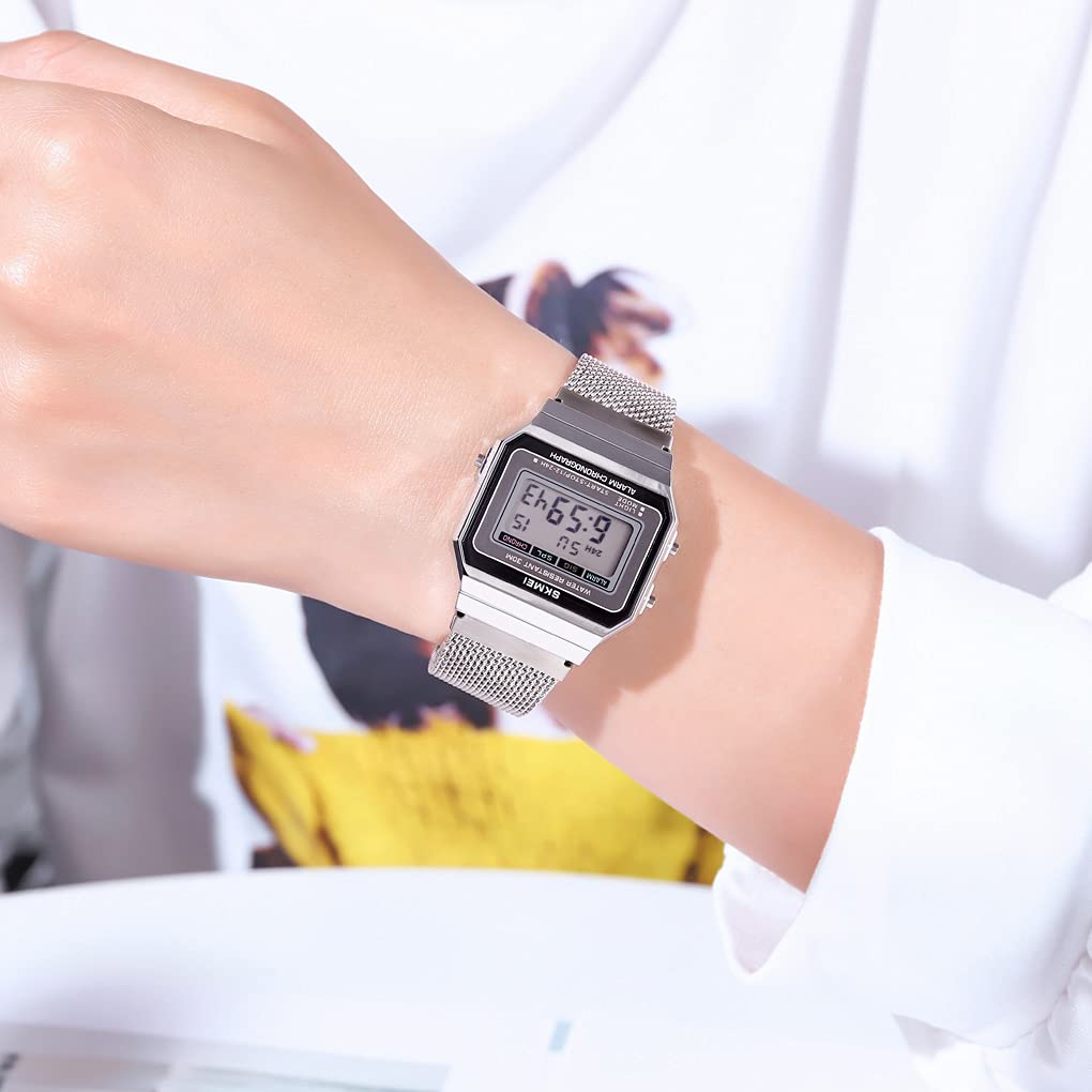 Reloj deportivo clásico unisex digital multifunción para hombre y mujer, banda de acero inoxidable, cuadrado, impermeable, electrónico, Led, plateado ( A silver ), Digital 3