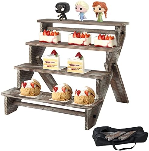 J JACKCUBE DESIGN Rustic Wood Display Stand, 4 Tier Cupcake Stand Stair Shelf, Portable Display Riser, Included Bag for Storage, Decorative Dessert Stand – MK578A