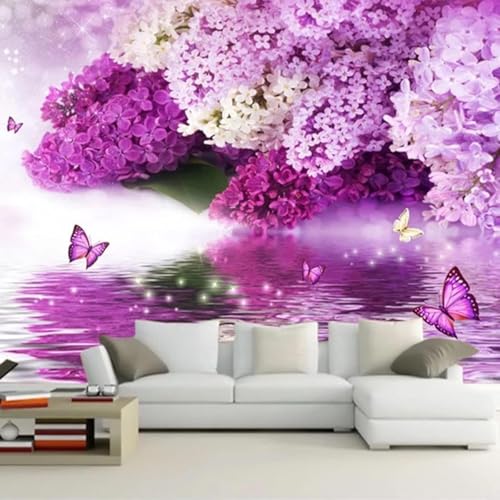 XLMING Tridimensional Morado Flores Mariposas Reflejos 3D Papel Pintado Lujo Casa Sala Decoración Estar Comedor Sofá Dormitorio TV Fondo de Pared-430cm×300cm