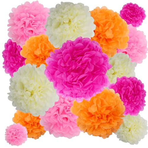 BestoFun Lot de 16 pompons en papier de soie rose - Décoration beige et orange pour mariage, anniversaire et garden party
