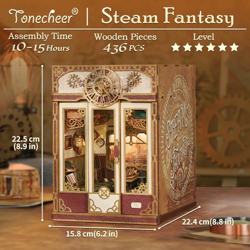 Image of Tonecheer DIY Book Nook Kit for Adults, Miniature Infinity Train Cabin Steam Age Vintage Carriage Model, Wooden 3D Puzzle Dollhouse Booknook Decorative Bookend Gifts (Steam Fantasy)