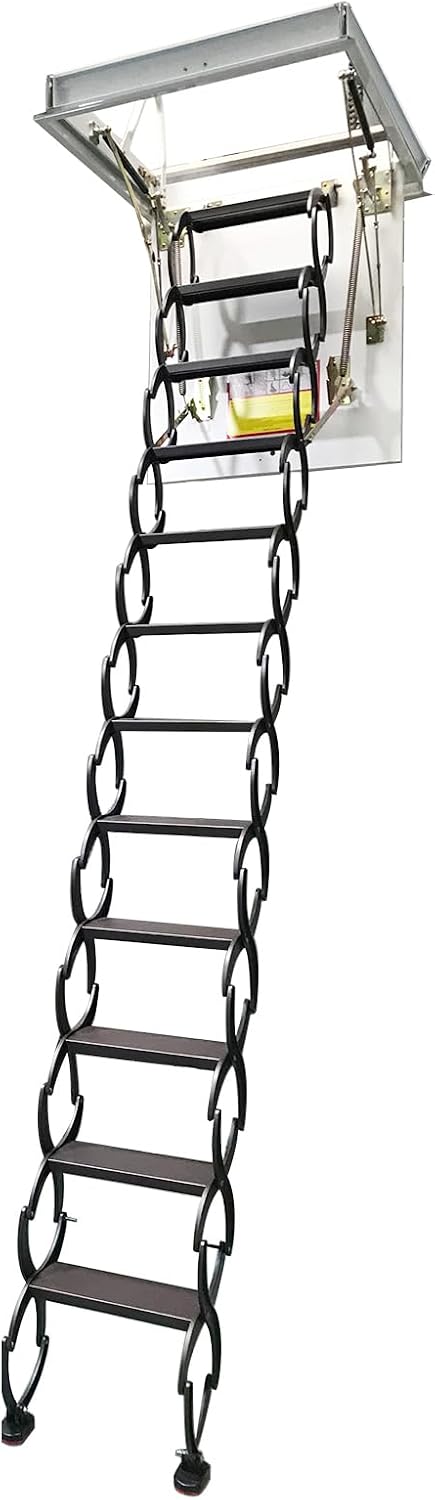 Chocolate Attic Loft Extension Ladder, Carbon Steel Pull Down Retractable Ceiling Access Stairs 9.84ft Hight 12 Steps Telescoping Folding Attic Ceiling Ladder Open Size 31.5x35.43in