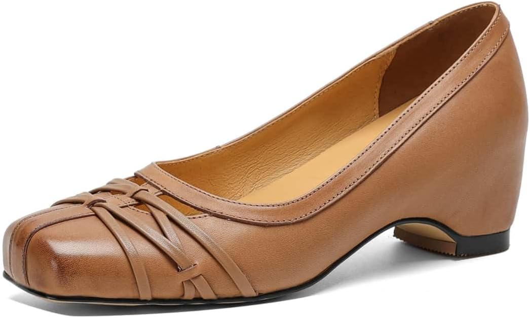TinaCus Women's Ballet Style Pumps Genuine Leather Handmade Lace-up Hollow-Out Slip On Heels Daily Dress Party