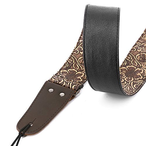 Image of Anwenk Guitar Strap, Stamped Leather Guitar Strap PU Leather Western Vintage 60's Retro Strap with Genuine Leather Ends for Electric Bass Guitar, with Tie,Include 2 Picks,Bronze