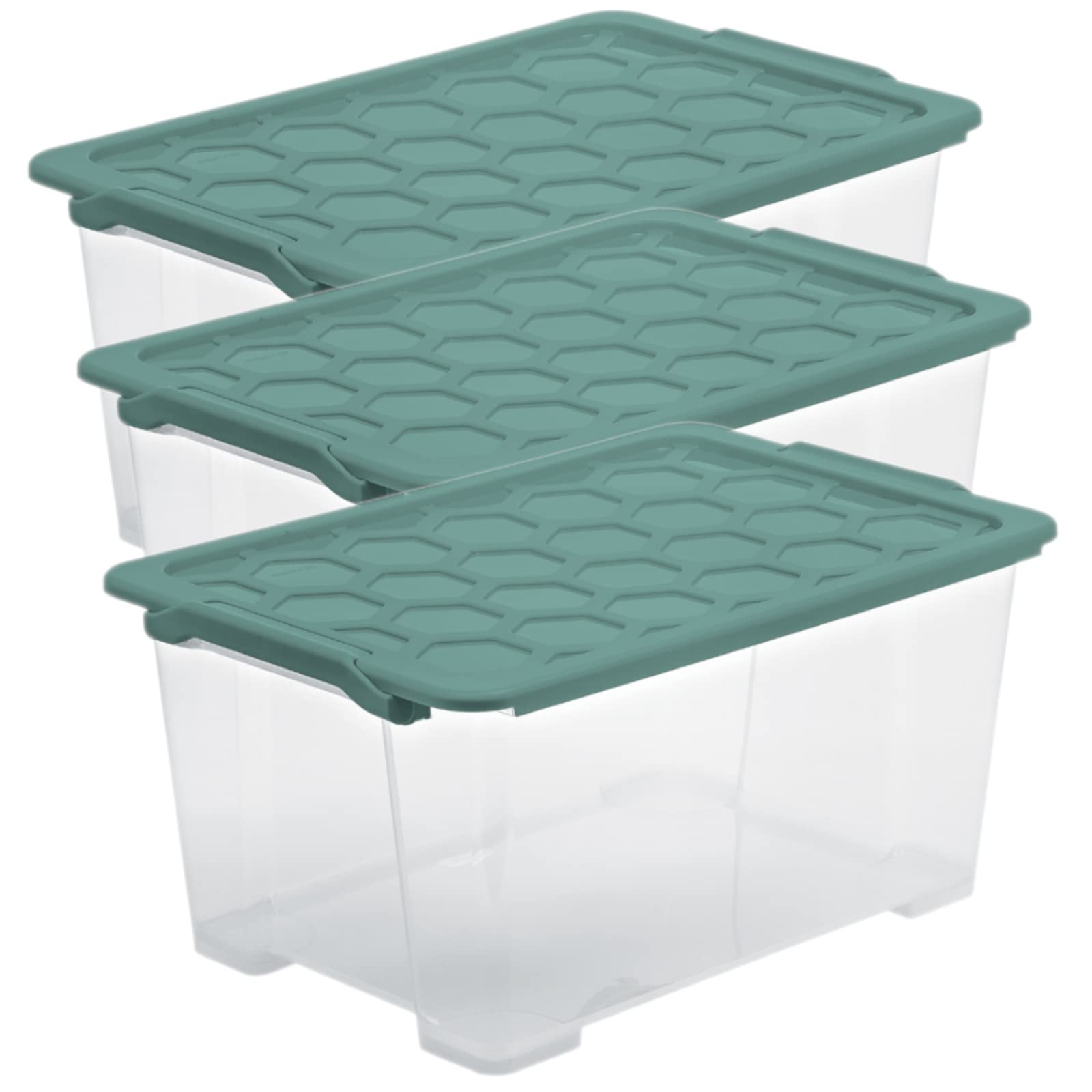 Rotho Evo Safe Keeping 3er-Set Aufbewahrungsboxen mit Deckel 44l | Boxen Aufbewahrung | verschließbar | stapelbar & platzsparend | lebensmittelecht & pflegeleicht | transparent/grün