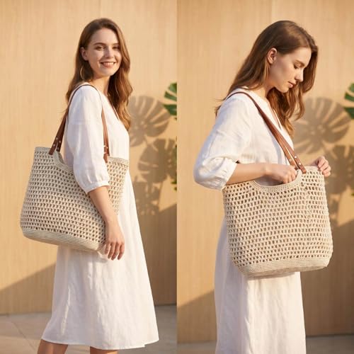 Image of Crochet Beach Bag for Women, Woven Beach Tote with Zipper Closure, Large Boho Summer Bag for Vacation & Pool