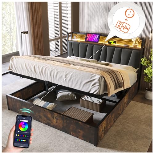 Racxily Cama de Matrimonio con canapé, con función de Carga cabecera e iluminación LED,Cama 180 x 200 cm, somier de láminas de Madera, Gris (sin colchón)