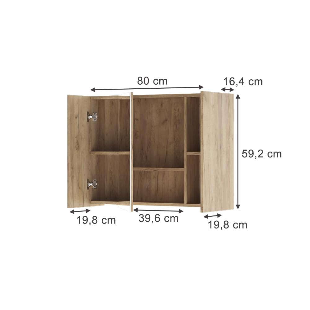 Vicco Specchio contenitore bagno Leopold, Rovere dorato, 80 x 59.2 cm con ripiani, che trova posto in ogni bagno