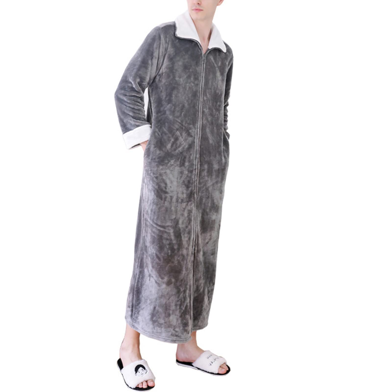 sunongvtMens Fleece Robe Plush Long Zip Front Bathrobe with Pockets Warm Soft Zippered Bathrobes for Men