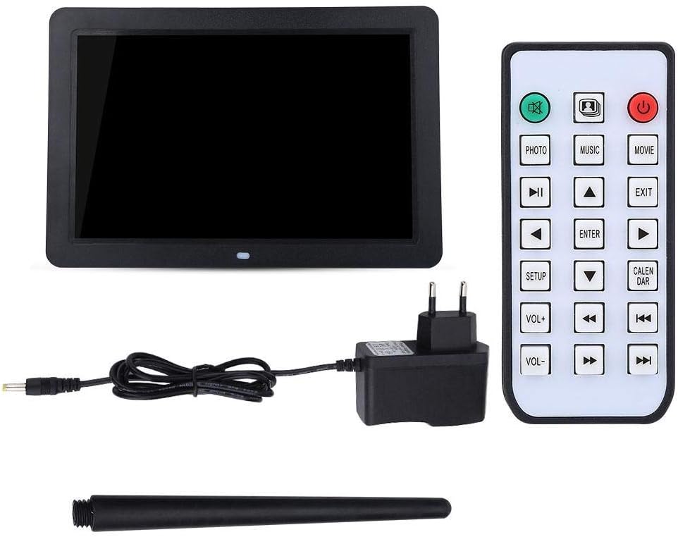 Bewinner digital photo frame remote control with various buttons for photo, music, movie, setup, calendar, and volume.