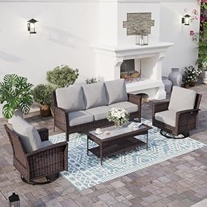 4 Pieces Patio Furniture Set with Swivel Chairs, High Back Wicker Rattan Sofa with Extra Thick Cushion and Coffee Table, Outdoor Conversation Set for Garden Backyard Deck, Grey