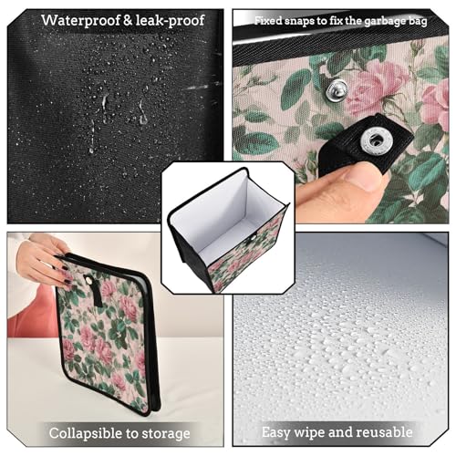 Image of Car Trash Can Organizer Bin with Adjustable Strap for Back Front Seat Console Waterproof Leakproof Collapsible Portable 11 Inch Pink Vintage Roses with Leaves