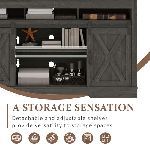 Image of RoyalCraft Farmhouse TV Stand for 65+ Inch TV, 34'' Tall Entertainment Center with Sliding Barn Doors, Rustic Wood Media Console Storage Cabinet Television Stand for Living Room, Bedroom (Dark Grey)