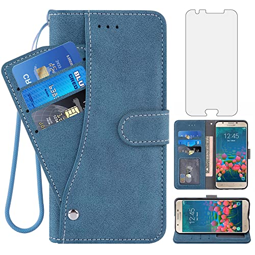Asuwish Compatible with Samsung Galaxy J5 Prime 2016 Wallet Case and Tempered Glass Screen Protector Flip Credit Card Holder Stand Cell Accessories Phone Cover for Gaxaly J5Prime SM-G570M Women Blue