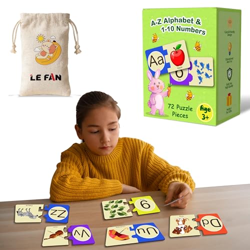 Image of Lefan Alphabet and Number Block Joint Puzzle Wooden Jigsaw Puzzle Toy for Toddlers - Learn A-Z & 1-10 Matching Blocks - Educational Montessori Learning Toy for Kids Age 2 3 4 5 6 Years