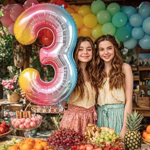 Image of Rainbow Gradient Number 3 Balloon 40 Inch Big Large Balloons 0-9 | 3rd Helium Foil Mylar Number Balloons for Birthday Anniversary Party Decorations