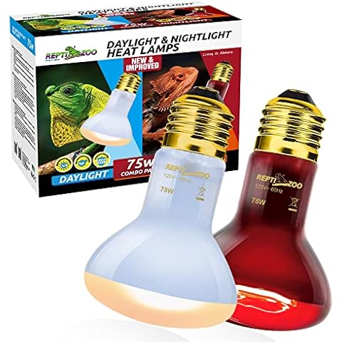 REPTIZOO 75W Reptile Heat Lamp Combo Pack, 2PCS Day & Night Basking Spot Light, UVA Daylight Heating Lamp Basking Bulb and Infrared Heat Emitter Red Heat Lamp Cover