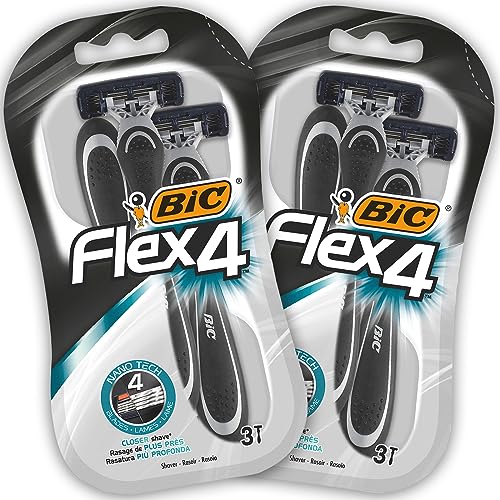 BIC Flex 4 - 6 Rasoirs Jetables pour Homme avec 3 Lames et Bande Lubrifiante pour un Rasage Précis et Doux, Lot de 2 Blisters de 3