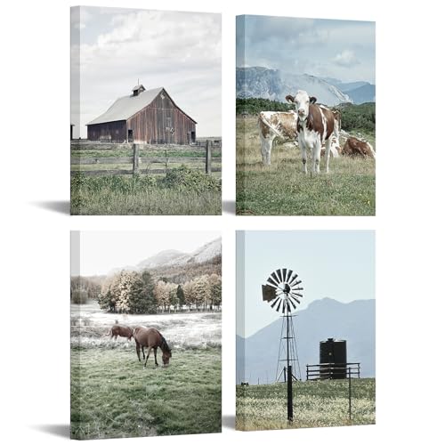 Nachic Wall Western Farmhouse Wall Decor Farm Cow Horse Picture Canvas Art Vintage Country Barn Windmill Painting Decoration for Kitchen Living Room Decoration Green