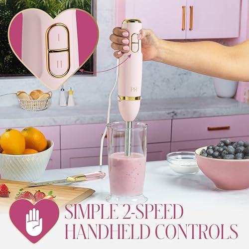 Image of Paris Hilton Hand Blender Set, 3-in-1 Immersion Blender with Whisk, Blending & Chopper Attachments, 400W High Speed, Pink with Gold Accents, Handheld Blender for Smoothies, Soups, Sauces, Cream, Pink