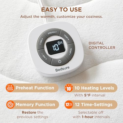 Bedsure Heated Mattress Pad Twin XL- Bed Warmer with Memory & Preheat Functions, 12-Hour Auto Off & 10 Heat Settings, Single Controller, Coral Fleece Electric Mattress Pad Twin XL, 39"x80"