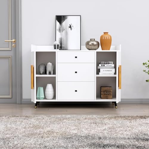 Image of Bniture Wooden Sideboard Cabinet for Living Room | Wooden Storage Cabinet with 2 Door & 3 Drawer | Engineered Wood Multipurpose Cabinet with Spacious Shelves for Home | Frosty White