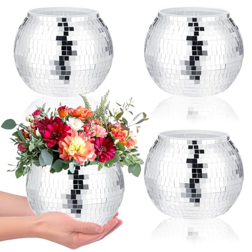4 Pcs Disco Ball Vases Plastic Disco Ball Centerpieces 4 X 4.7 Disco Ball Decor Silver Mirror Disco Ball Planter Can Be Used for Wedding Centerpieces Birthday Office