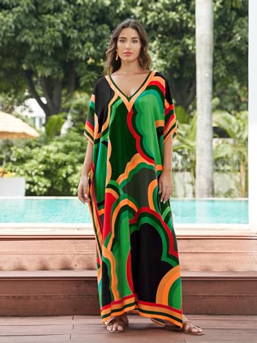 Image of IMAGEKOPE Women's Plus Size Loose Fit Moroccan Print V-Neck Batwing Kaftan Beach Dress Bathing Suit Cover Up