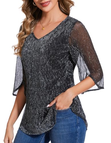Women's 3/4 Sleeve Glitter Blouses Dressy Sparkly Double Layers Mesh Tunic Tops