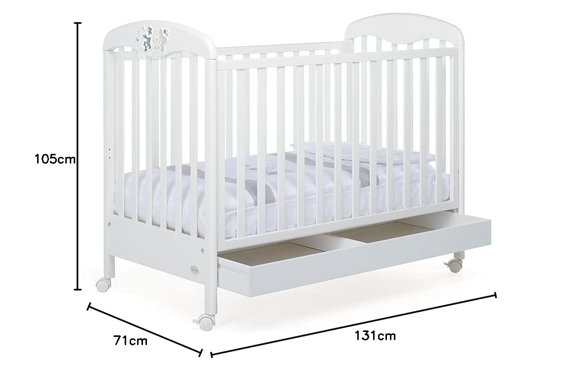 Foppapedretti Lettino con Sponda Regolabile Piccoli Amici, Legno di Faggio, Made in Italy, Rete a Doghe di Faggio, Ampio Cassetto, Regolabile a Doppia Altezza, 4 ruote, 131x71x105 cm, Bianco